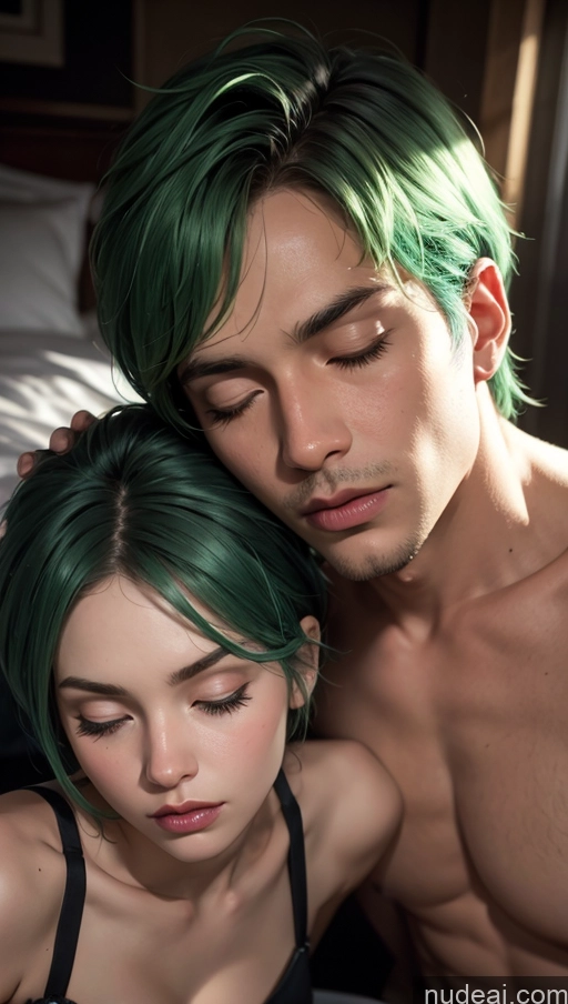 related ai porn images free for Close-up View Dark Lighting Bedroom Sleeping Push-up Bra Pixie Woman + Man Green Hair