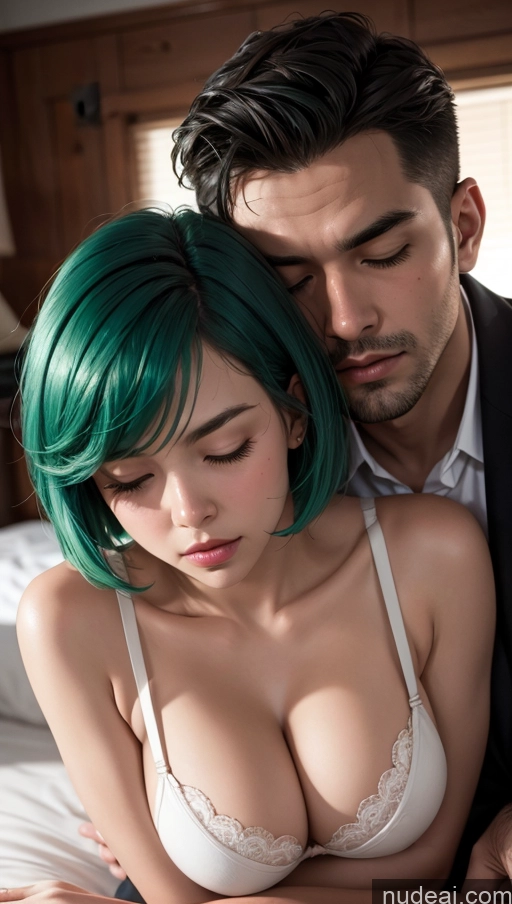 related ai porn images free for Woman + Man Bobcut Bedroom Close-up View Sleeping Push-up Bra Dark Lighting Green Hair Chubby Fat