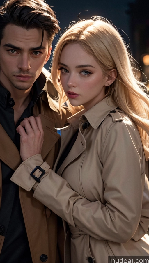 related ai porn images free for Close-up View Woman + Man Trench Coat Street Dark Lighting