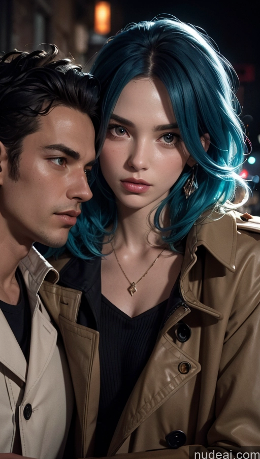 related ai porn images free for Close-up View Woman + Man Trench Coat Street Dark Lighting