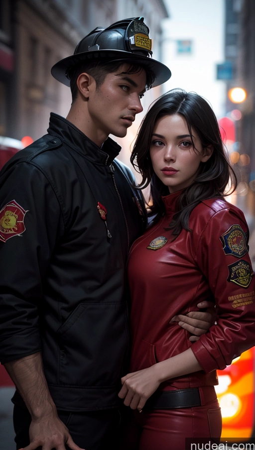 related ai porn images free for Close-up View Woman + Man Street Dark Lighting Firefighter