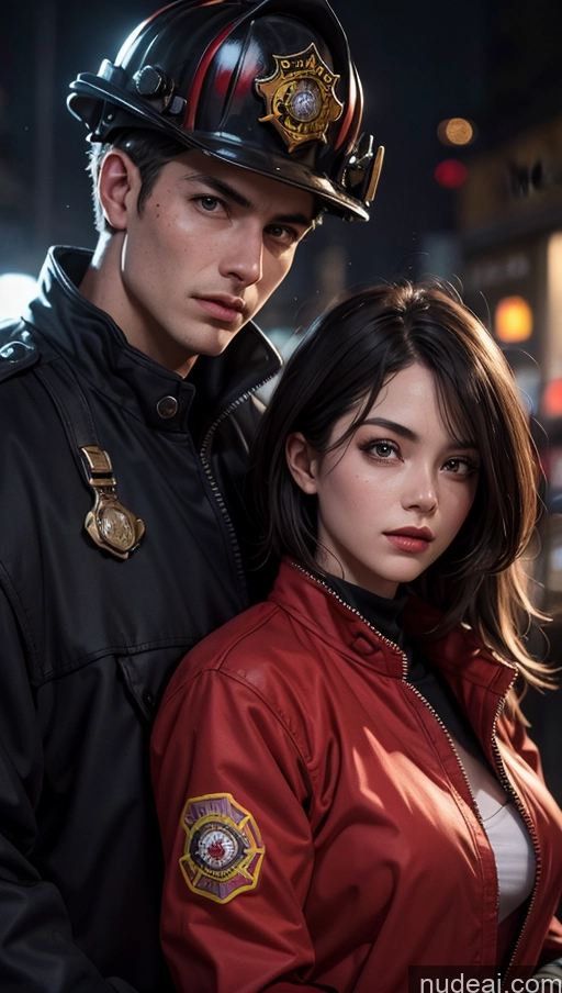 related ai porn images free for Close-up View Woman + Man Street Dark Lighting Firefighter
