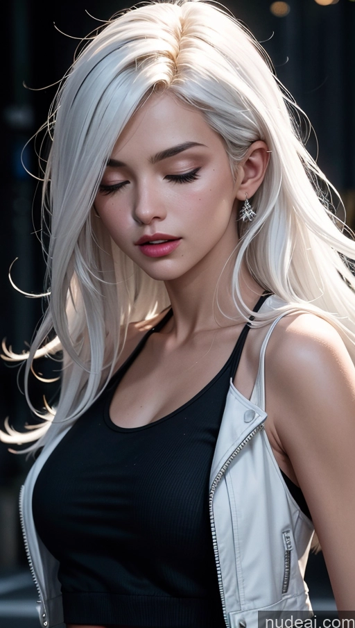 related ai porn images free for Close-up View Street Tank Top Orgasm Jacket Long Hair Dark Lighting White Hair