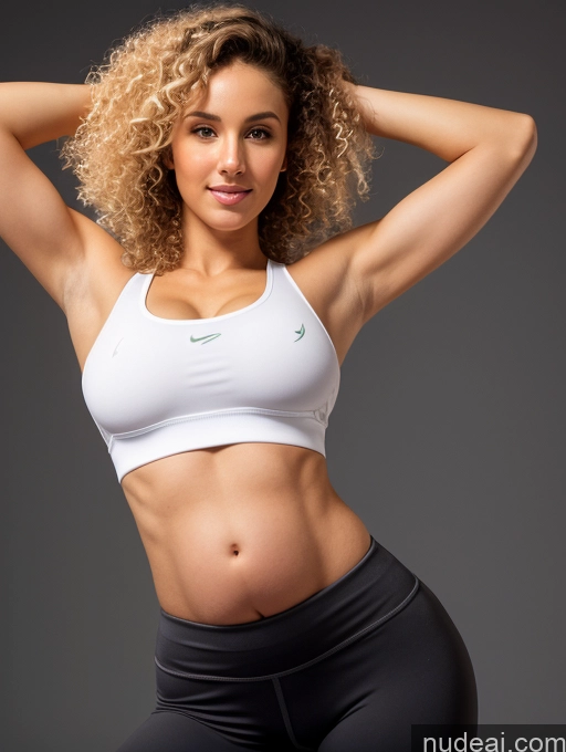 ai nude image of arafed woman in a white sports bra top and black leggings pics of Busty Small Tits Beautiful Small Ass Skinny Abs Long Legs Tall Perfect Body Pubic Hair 18 Blonde Curly Hair White 3d Athlete Yoga Pants Crop Top Detailed Pregnant