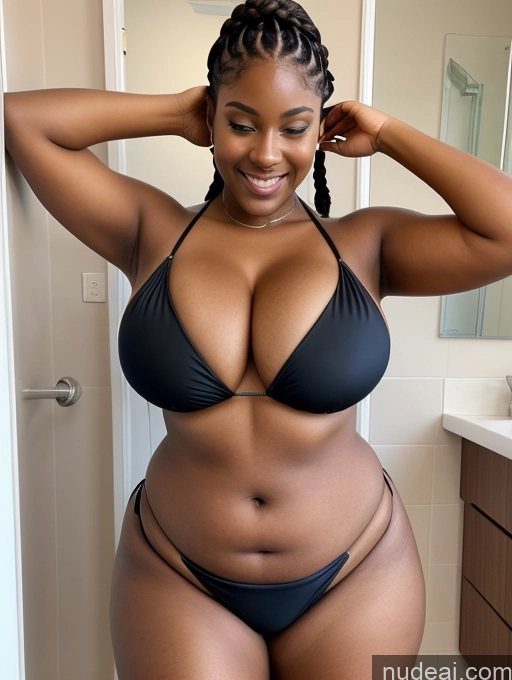 ai nude image of there is a woman in a black bikini posing in a bathroom pics of Woman One Busty Huge Boobs Perfect Boobs Beautiful Big Ass Thick Chubby Dark Skin Oiled Body Big Hips 18 Happy Black Hair Braided Black Mirror Selfie Bathroom Front View Spreading Legs Bikini Microkini Cleavage