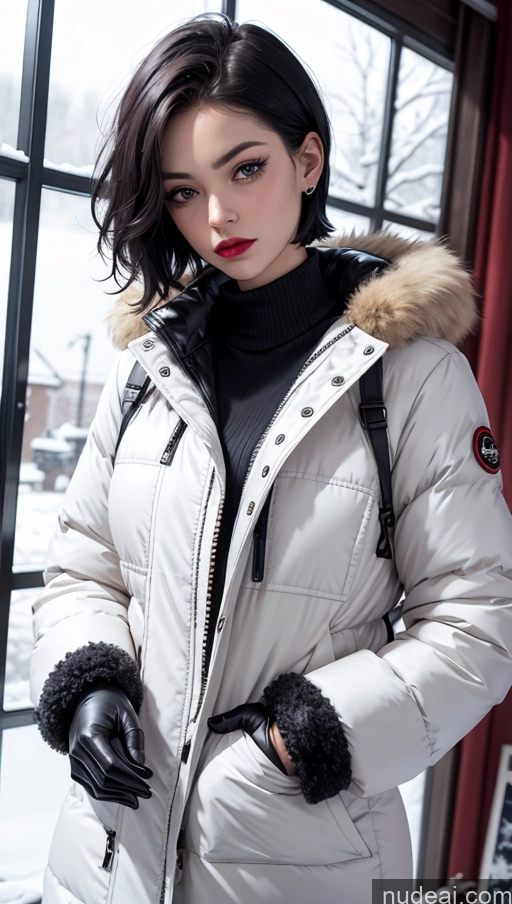 related ai porn images free for Parka Snow Short Hair Fur Gloves Black Hair Lipstick Serious