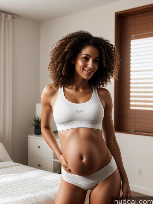 ai nude image of pregnant woman in white underwear standing in front of a bed pics of Woman Small Tits Beautiful Skinny Abs Big Ass Long Legs Tall Perfect Body Big Hips 18 Curly Hair White 3d Bedroom Pubic Hair Brunette Short Shorts Sports Bra Pregnant