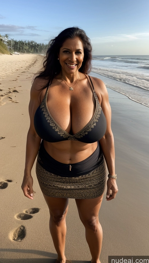 ai nude image of arafed woman in a bikini walking on the beach pics of Milf Busty Huge Boobs Beautiful Tattoos Muscular Big Ass Abs Thick Big Hips Tall Long Hair Dark Skin Laughing Indian Beach Front View T-pose Long Skirt Tribal Sexy Face 60s Ginger Dark Lighting