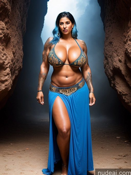 ai nude image of arafed woman in a blue dress posing in a cave pics of Milf Huge Boobs Beautiful Tattoos Lipstick Muscular Big Ass Thick Big Hips Tall Dark Skin 60s Seductive Blue Hair Indian Film Photo Front View T-pose Bikini Long Skirt Detailed Sexy Face Hell