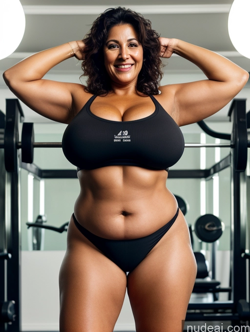 ai nude image of arafed woman in a black bikini posing for a picture in a gym pics of 60s One Huge Boobs Big Ass Fat Tanned Skin Laughing Black Hair Straight Arabic 3d Gym Front View Working Out Nude Partially Nude Bright Lighting Milf