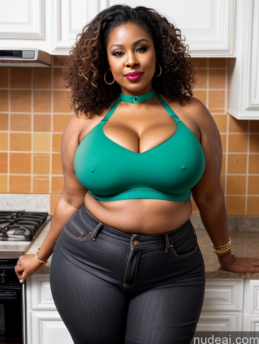 ai nude image of araffe woman in a green bra top standing in a kitchen pics of Big Hips Brunette Bright Lighting Seductive Huge Boobs Front View Curly Hair Kitchen 40s Milf Fat Big Ass Lipstick Illustration African Choker Blouse Jeans 80s Push-up Bra