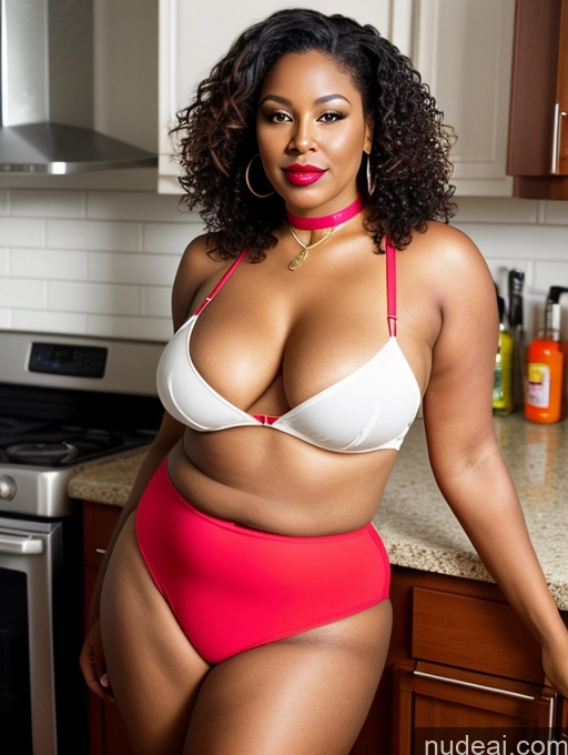 ai nude image of there is a woman in a bikini posing in a kitchen pics of Big Hips Brunette Bright Lighting Seductive Front View Curly Hair Kitchen 40s Milf Fat Big Ass Lipstick Illustration African Choker Jeans 80s Tank Top Perfect Boobs