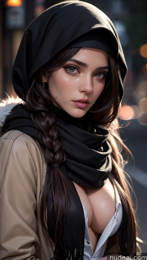 related ai porn images free for Scarf Niqab Jacket Egyptian Sad Close-up View Brunette Long Hair Perfect Boobs Skinny Detailed Fur Dark Lighting Street