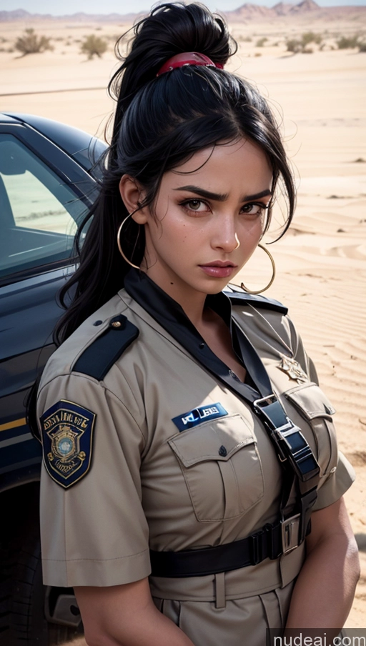 related ai porn images free for Close-up View Police Dark Lighting Sad Black Hair Ponytail Desert Arabic