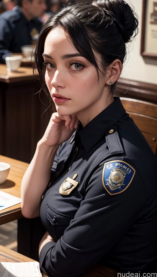 related ai porn images free for Close-up View Police Dark Lighting Sad Black Hair Hair Bun Fat White Cafe