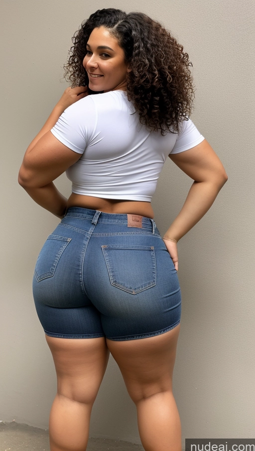 ai nude image of araffe woman in a white shirt and blue jeans posing for a picture pics of Athlete Big Hips Big Ass Jeans Curly Hair