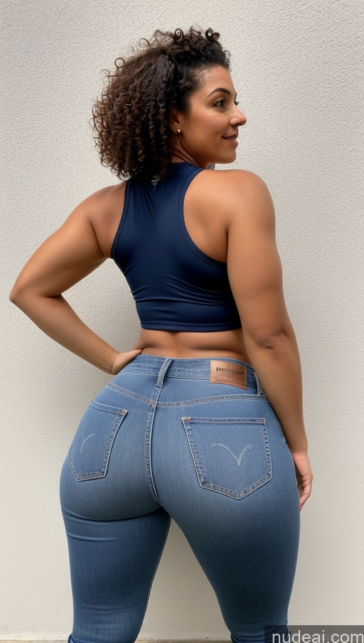 ai nude image of a close up of a woman in a blue top and jeans pics of Athlete Big Hips Big Ass Jeans Curly Hair