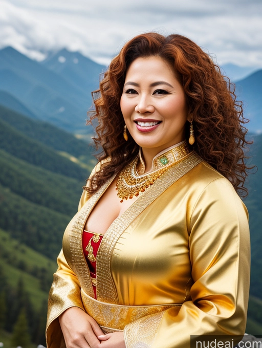 ai nude image of arafed woman in a golden dress standing on a mountain pics of Milf 40s Laughing Ginger Curly Hair Mountains Front View Gold Jewelry Bright Lighting Chubby 3d Chinese Traditional