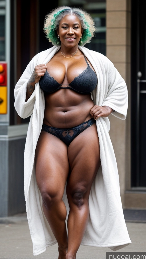 ai nude image of araffe woman in a black bikini and white robe walking down a street pics of Bodybuilder Huge Boobs Beautiful Tattoos Muscular Big Ass Thick Big Hips Tall Curly Hair Dark Skin 80s Seductive Black Skin Detail (beta) Street Front View Jumping Bathrobe Cleavage Sexy Face Green Hair Abs