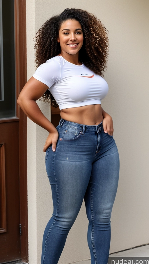 ai nude image of araffe woman in a white top and jeans posing for a picture pics of Athlete Big Ass Big Hips Jeans Curly Hair