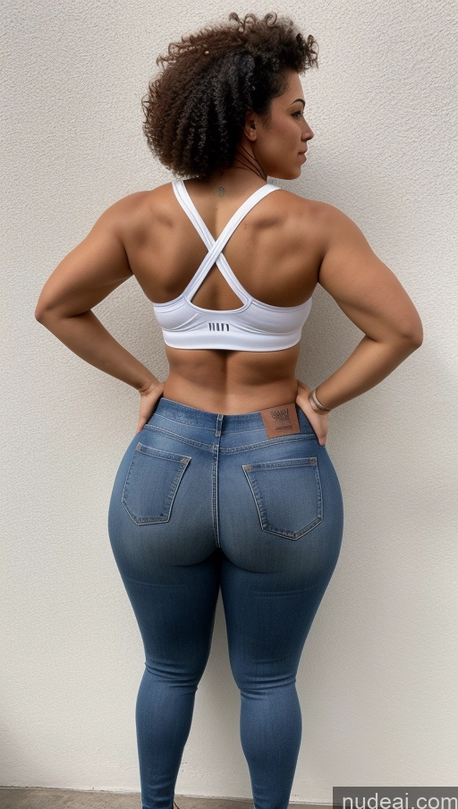 ai nude image of a woman in a white bra top and jeans standing against a wall pics of Athlete Big Ass Big Hips Jeans Curly Hair