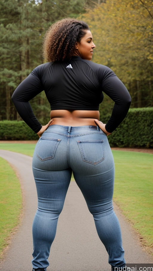 ai nude image of araffe woman in jeans and a black top standing on a path pics of Athlete Big Ass Big Hips Jeans Curly Hair