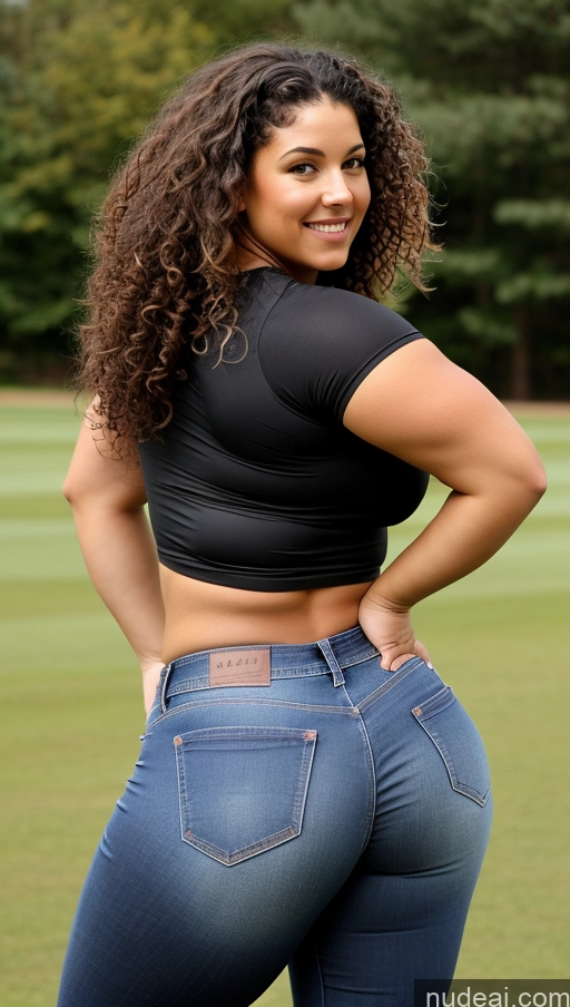 ai nude image of araffe woman in a black top and jeans posing for a picture pics of Athlete Big Ass Big Hips Jeans Curly Hair