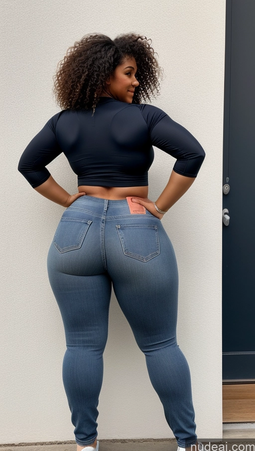 ai nude image of araffe woman in a black top and jeans standing against a wall pics of Athlete Big Ass Big Hips Jeans Curly Hair