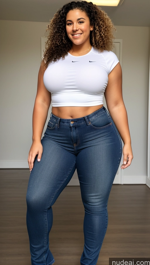 ai nude image of arafed woman in a white shirt and jeans posing for a picture pics of Athlete Big Ass Big Hips Jeans Curly Hair