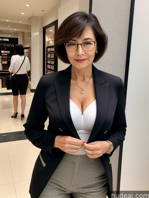 ai nude image of there is a woman in a suit and glasses standing in a mall pics of Milf Two Perfect Boobs Beautiful Glasses Perfect Body Short Hair 70s Chinese Mall Blouse Bra Casual Jacket Professor Secretary Stylish Suit Cleavage Detailed Sexy Face