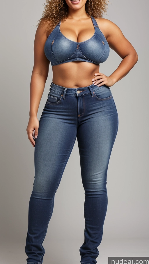 ai nude image of arafed woman in a blue bra top and jeans posing for a picture pics of Big Ass Big Hips Athlete Jeans Curly Hair Perfect Boobs Front View