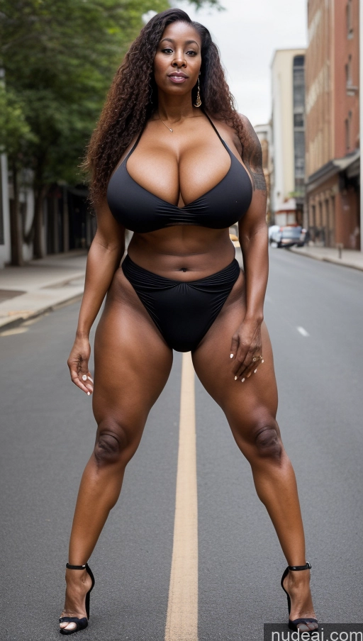 ai nude image of arafed woman in a black bikini posing on a street pics of Milf Busty Huge Boobs Beautiful Tattoos Muscular Big Ass Abs Thick Big Hips Tall Long Hair Dark Skin 60s Seductive Ginger Black Street Close-up View T-pose Bikini Detailed Sexy Face Long Skirt