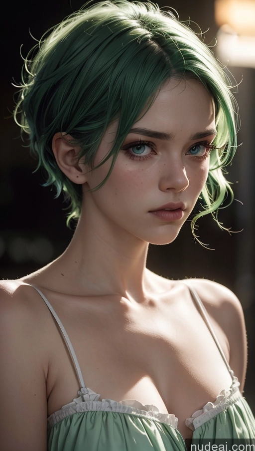 related ai porn images free for Dark Lighting Green Hair Pixie Street Sad Serious Close-up View Nightgown
