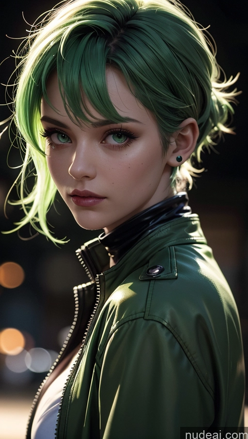 related ai porn images free for Green Hair Pixie Close-up View Street Dark Lighting Jacket