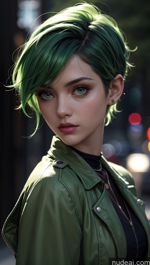 related ai porn images free for Green Hair Pixie Close-up View Street Dark Lighting Jacket
