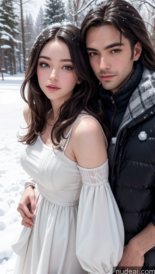related ai porn images free for Woman + Man Brunette Long Hair Close-up View Sundress Snow