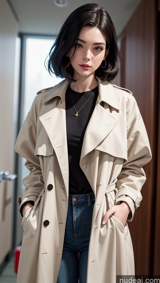 related ai porn images free for Close-up View Black Hair Slicked Hospital Sweater Jeans Trench Coat