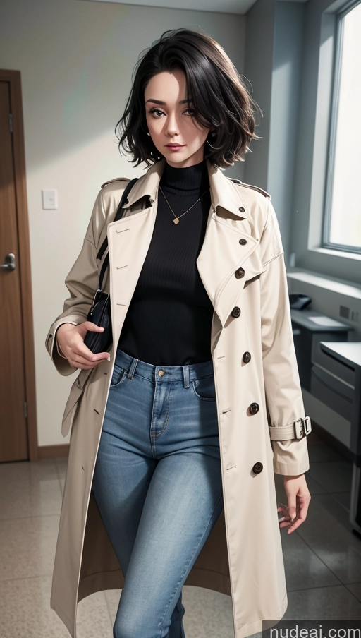 related ai porn images free for Close-up View Black Hair Slicked Hospital Sweater Jeans Trench Coat