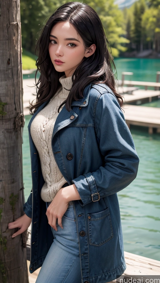 related ai porn images free for Close-up View Black Hair Sweater Jeans Trench Coat Long Hair Lake