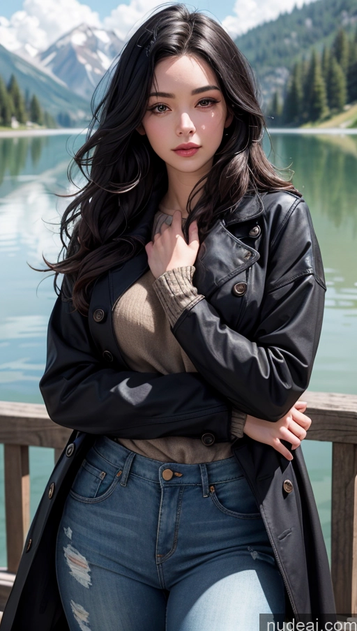 related ai porn images free for Close-up View Black Hair Sweater Jeans Trench Coat Long Hair Lake