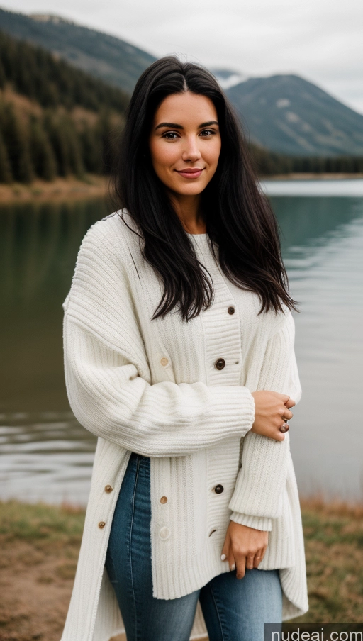 related ai porn images free for Close-up View Black Hair Sweater Jeans Trench Coat Long Hair Lake White