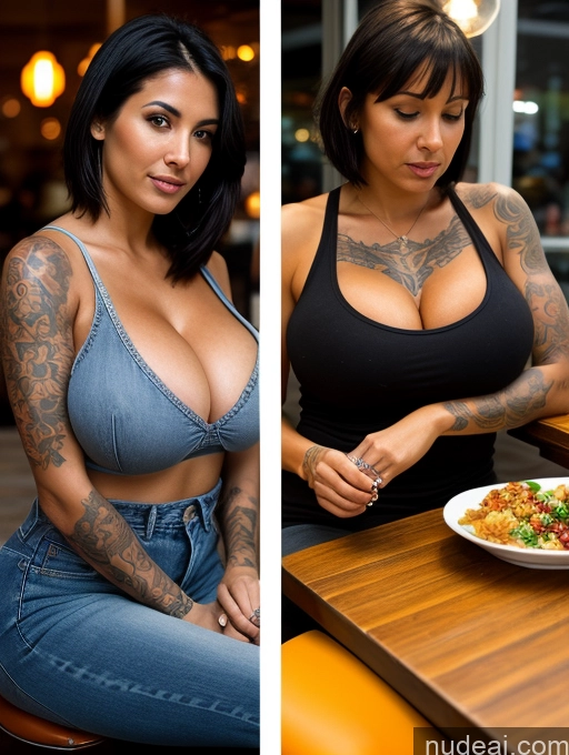 related ai porn images free for Two Woman Czech Huge Boobs Tanned Skin Tattoos Black Hair Bobcut Close-up View Restaurant Eating Cleavage Sexy Face 30s Tank Top Jeans