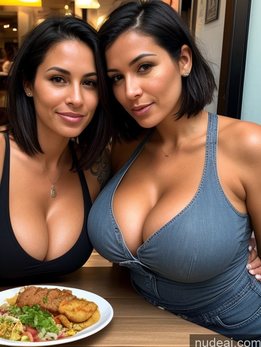 related ai porn images free for Two Woman Czech Huge Boobs Tanned Skin Tattoos Black Hair Bobcut Close-up View Restaurant Eating Cleavage Sexy Face 30s Tank Top Jeans