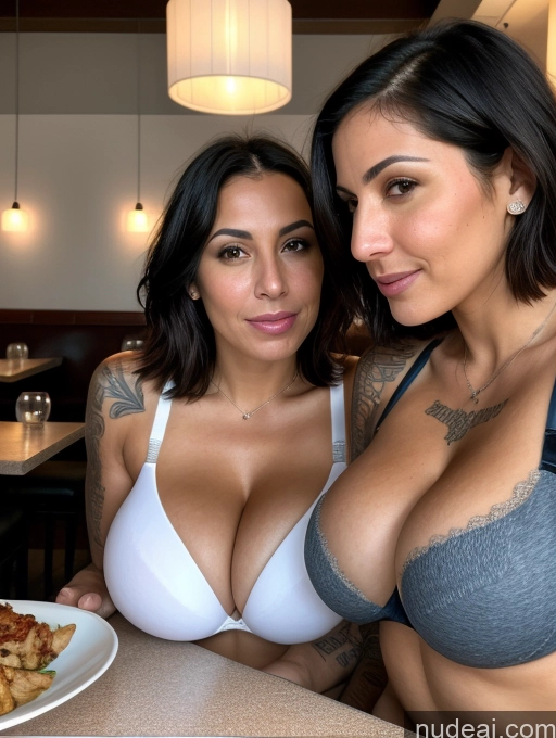 related ai porn images free for Two Woman Huge Boobs Tanned Skin Tattoos Black Hair Bobcut Close-up View Restaurant Cleavage 30s Push-up Bra Jewish Jeans Eating Bright Lighting Sexy Face