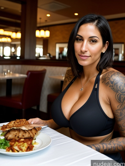 related ai porn images free for Two Woman Tall Tanned Skin Huge Boobs Tattoos Black Hair Bobcut Jewish Cleavage 30s Sexy Face Close-up View Restaurant Eating Sports Bra Jeans