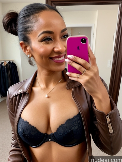 related ai porn images free for Woman Small Tits Small Ass Happy Ponytail Ethiopian Mirror Selfie Close-up View Jacket Leather Push-up Bra Pearl Jewelry 40s