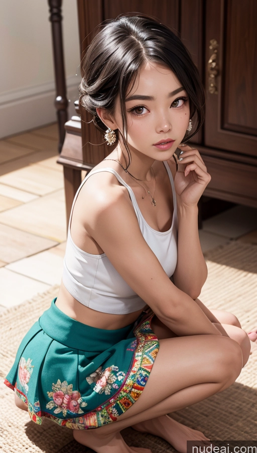 related ai porn images free for Close-up View Tank Top Squatting Traditional Mini Skirt