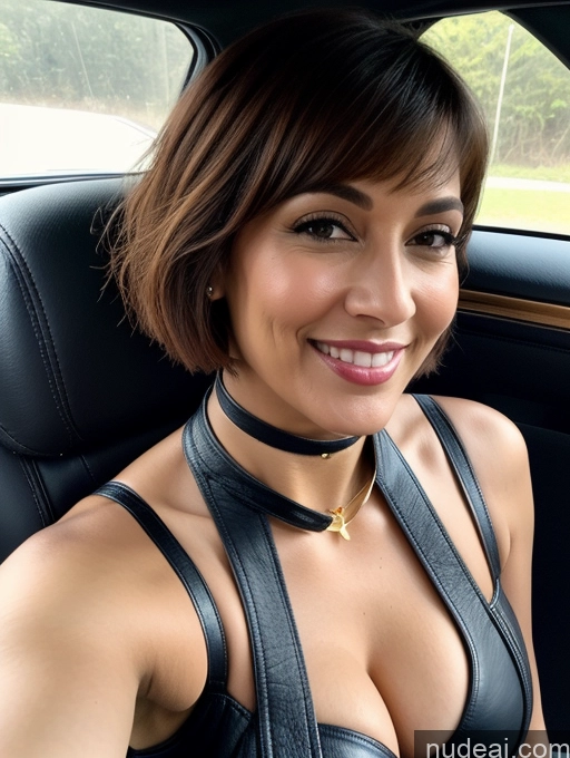 related ai porn images free for Woman Perfect Boobs 50s Happy Short Hair Car Close-up View Choker Push-up Bra Cleavage Gold Jewelry Leather Jacket Indian