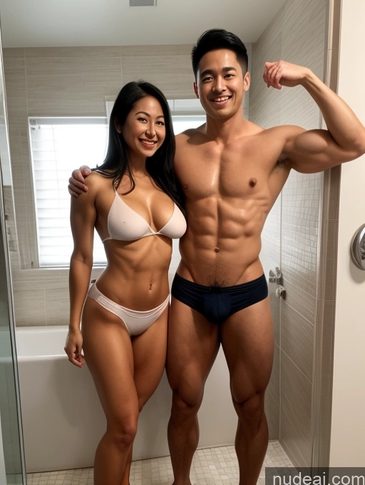 related ai porn images free for Muscular Abs 20s Front View Topless T-pose Underwear Bathroom Woman + Man Black Hair Happy Japanese Slicked