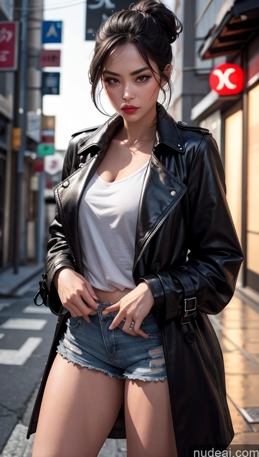 related ai porn images free for Close-up View Japanese Spreading Legs Dark Lighting Sad Pouting Lips Street Trench Coat Short Shorts